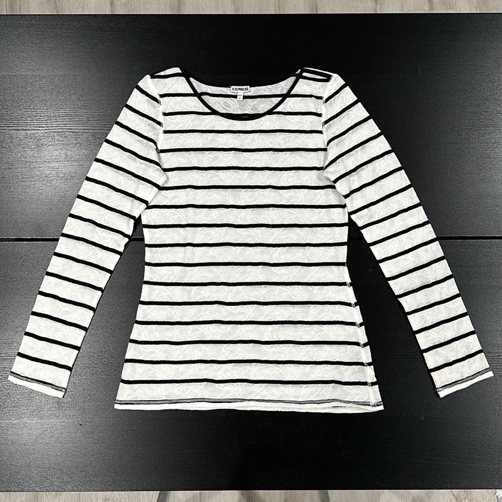 Express White Lace Striped Long Sleeve Top - L - Picture 3 of 10